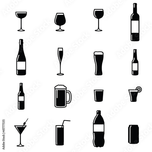 Set Of Sixteen Drinks Black & White Silhouette Vector
