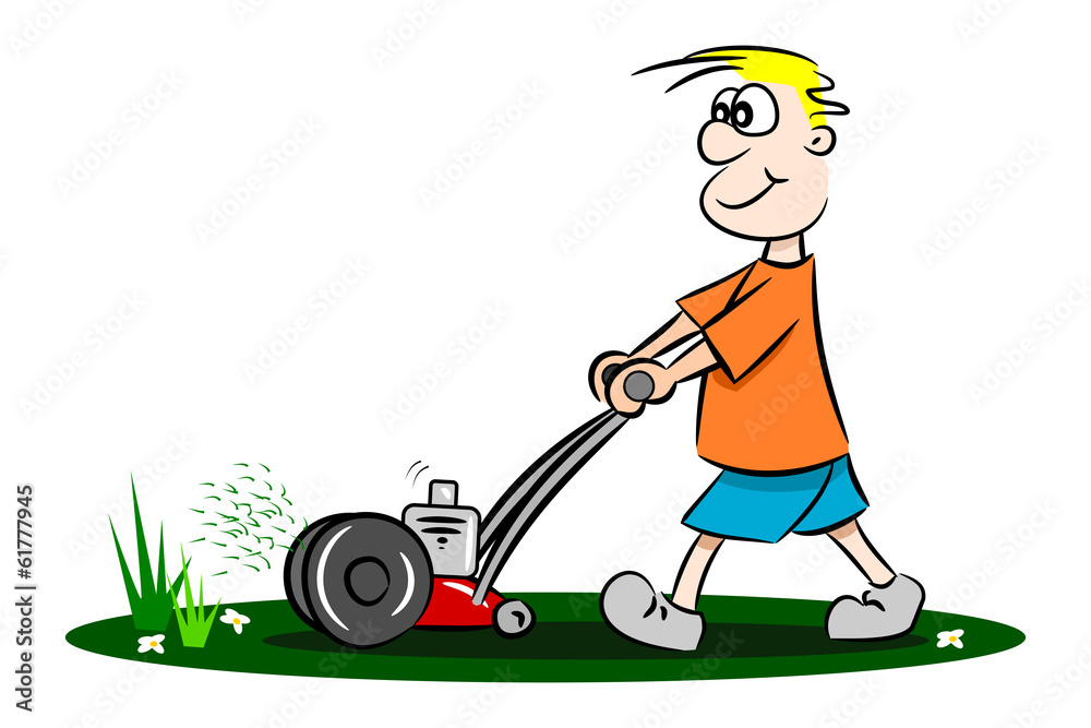 A cartoon guy cutting the grass with lawn mower