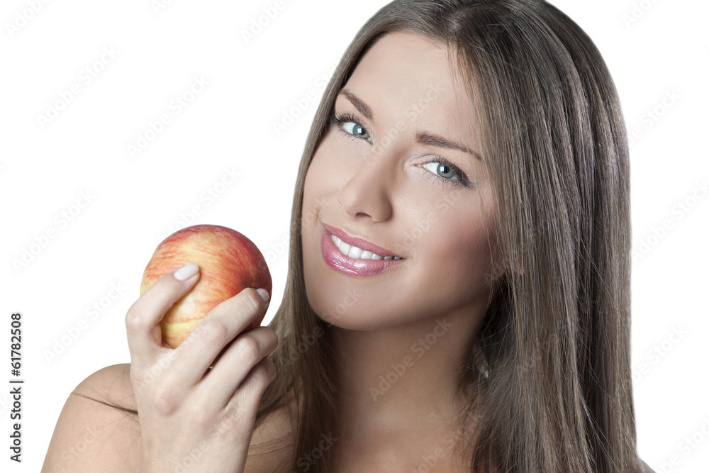Attractive woman holding an apple isolated on white background Attractive woman holding an apple isolated on white background