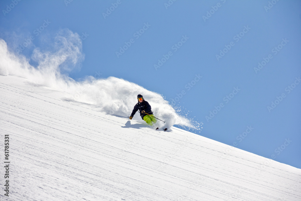 Skier in deep powder, extreme freeride - obrazy, fototapety, plakaty 