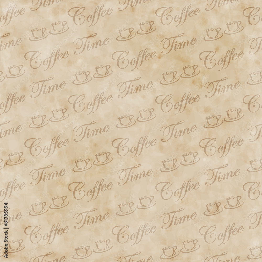 Seamless pattern with words and cups of coffee