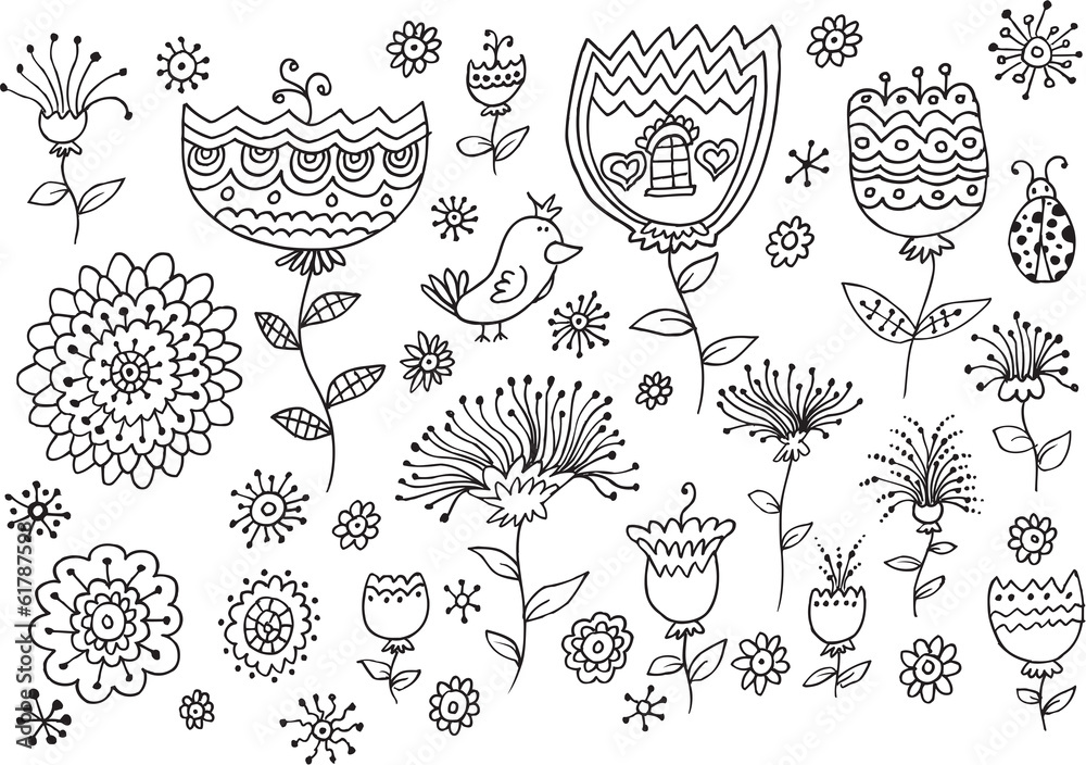 Fairytale Flower Spring Doodles Vector Illustration set - obrazy, fototapety, plakaty 