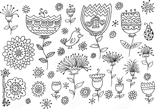 Fairytale Flower Spring Doodles Vector Illustration set