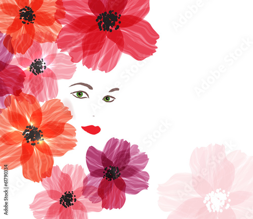 Pretty girls face with red flowers