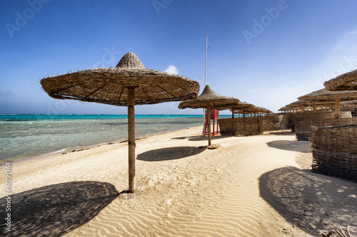 Fototapeta Naklejka Na Ścianę i Meble -  sunbeds and beach umbrella in Marsa Alam, Egypt