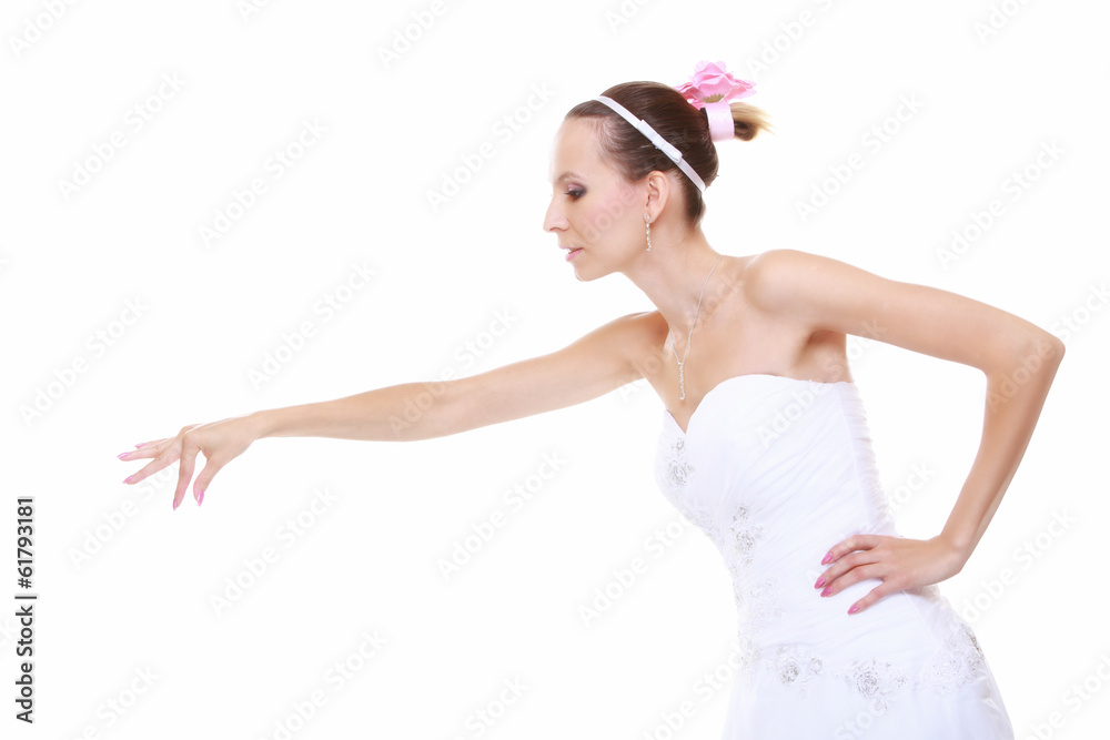 woman in wedding dress choosing picking up isolated woman in wedding dress choosing picking up isolated