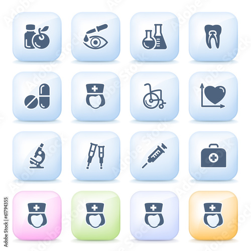 Medical icons on color buttons.