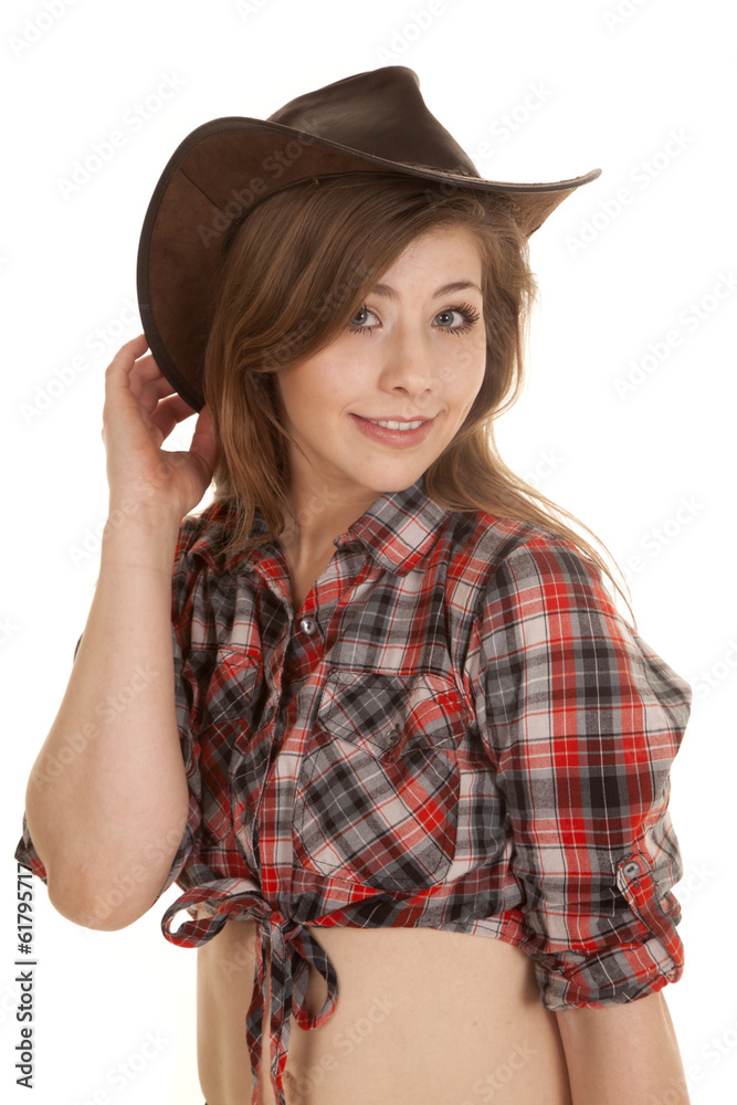 cowgirl hat plaid shirt hand behind hat cowgirl hat plaid shirt hand behind hat
