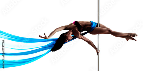 Young pole dance woman. Bright white colors.