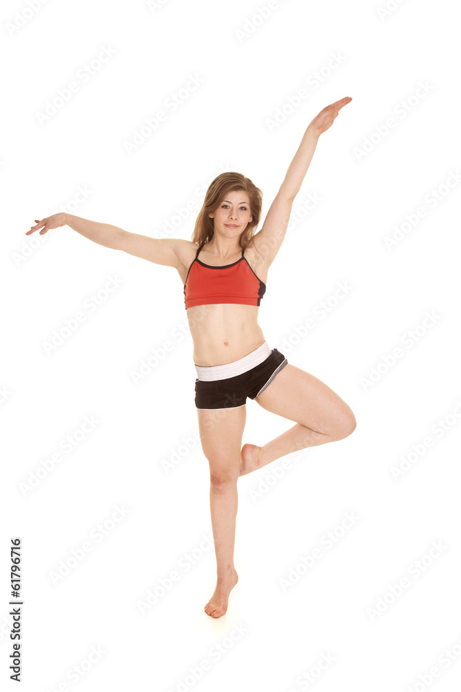 woman red sports bra dance hands up