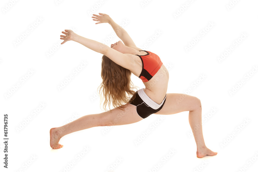 woman red sports bra lunge lean back woman red sports bra lunge lean back