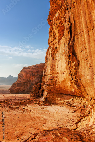 Red sandstone cliff in the desert of Wadi Rum