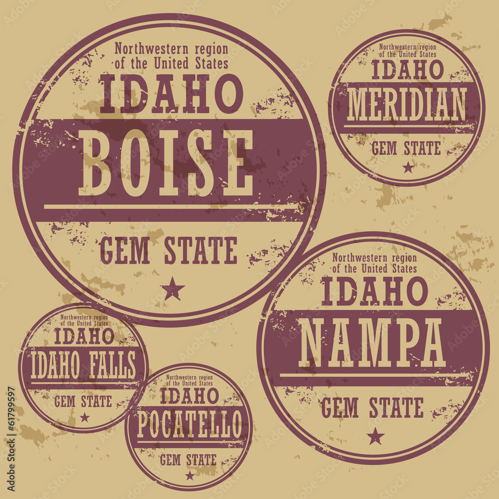 Obraz premium Grunge rubber stamp set with names of Idaho cities
