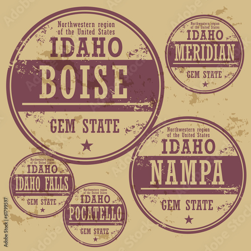 Grunge rubber stamp set with names of Idaho cities