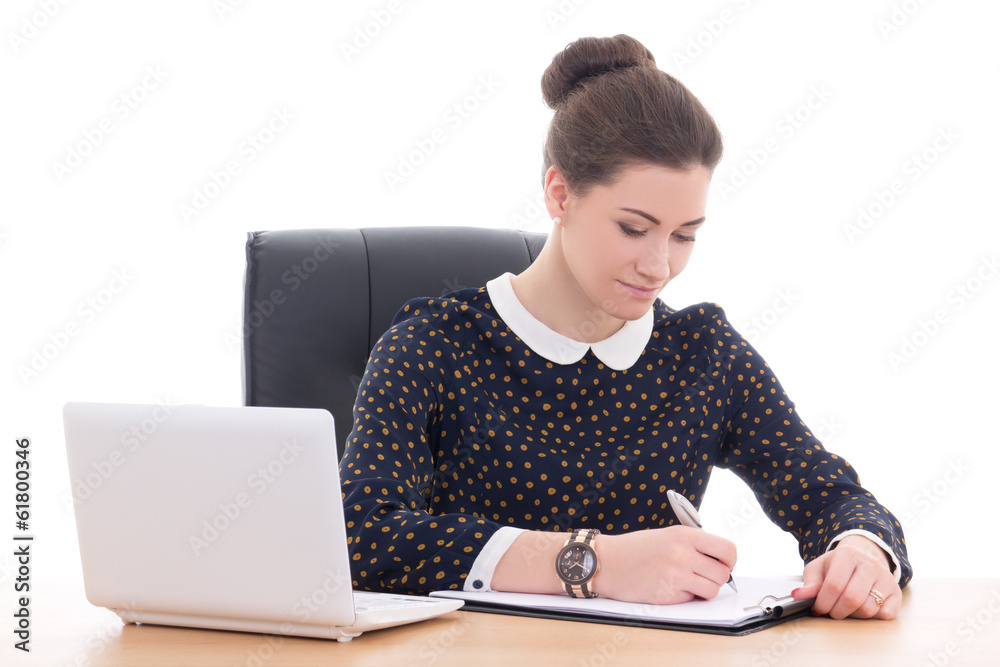 beautiful business woman doing paperwork in office with laptop i beautiful business woman doing paperwork in office with laptop i