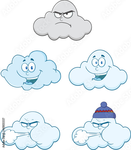Happy And Angry Clouds Cartoon Characters. Set Collection