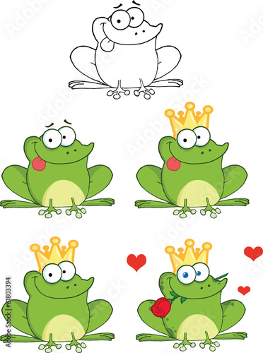 Happy Frog With Tongue Out Cartoon Characters. Set Collection
