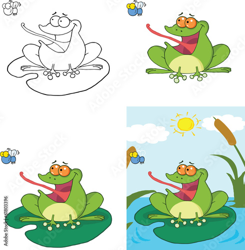 Frog Catching A Fly Cartoon Character. Set Collection