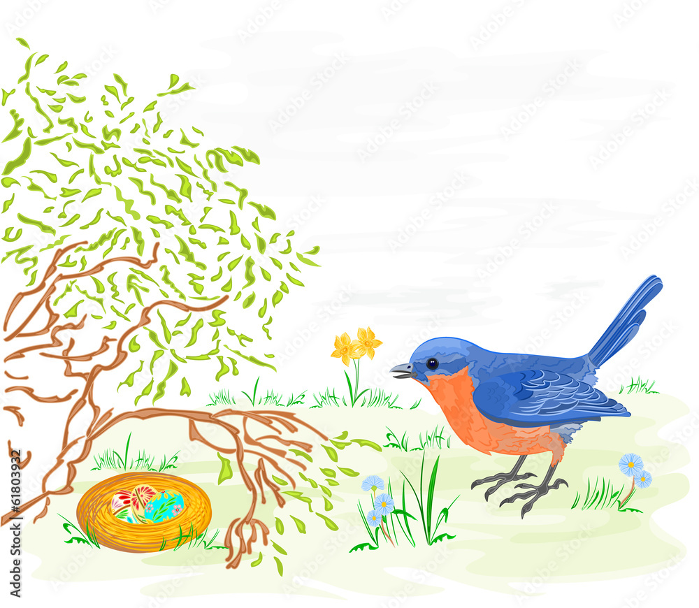 Easter bird with daffodils and easter eggs