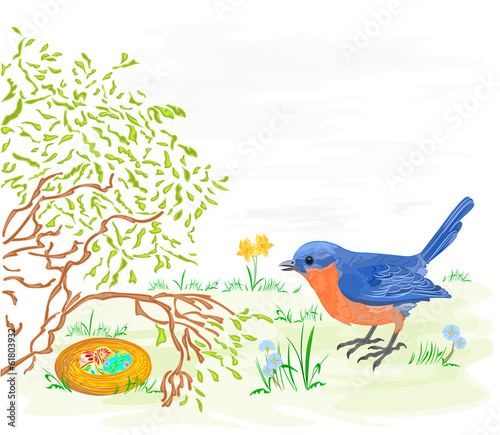 Easter bird with daffodils and easter eggs © zdenat5