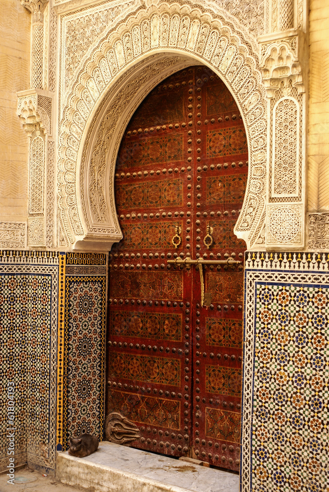 Detail of the beautiful tile mosaic decoration of the at Fez, Mo