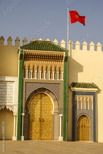 Closeup of 3 Ornate Brass and Tile Doors to Royal Palace in Fez,