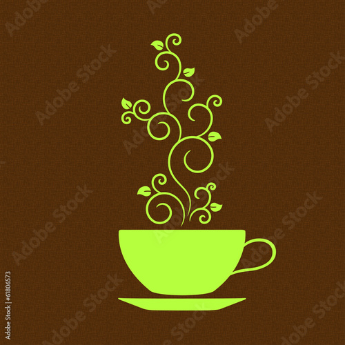 Cup of tea with floral ornamental steam over burlap texture