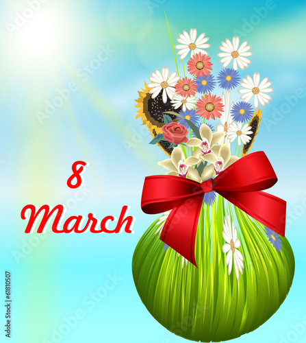 card on March 8 with the image of a bouquet of flowers