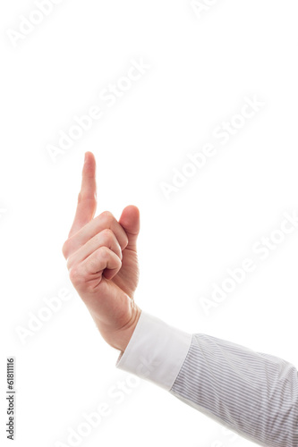 Human hand with finger pointing up. Isolated on white