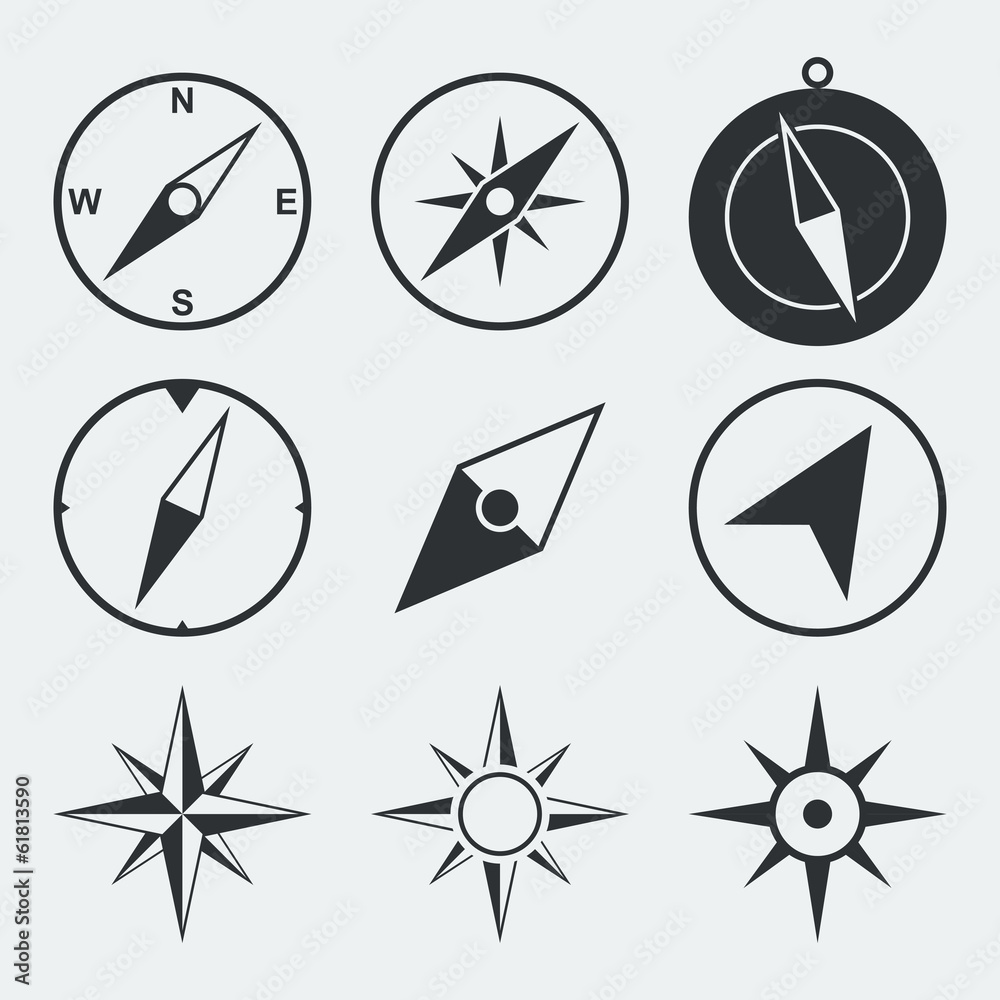 Navigation compass flat icons set - obrazy, fototapety, plakaty 