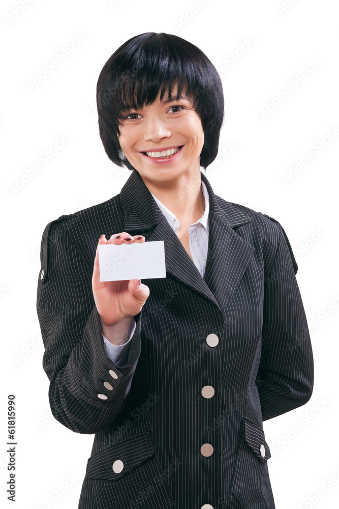asian businesswoman shoving white card asian businesswoman shoving white card