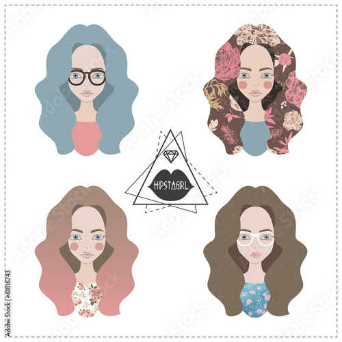 Vector set of hipster girls