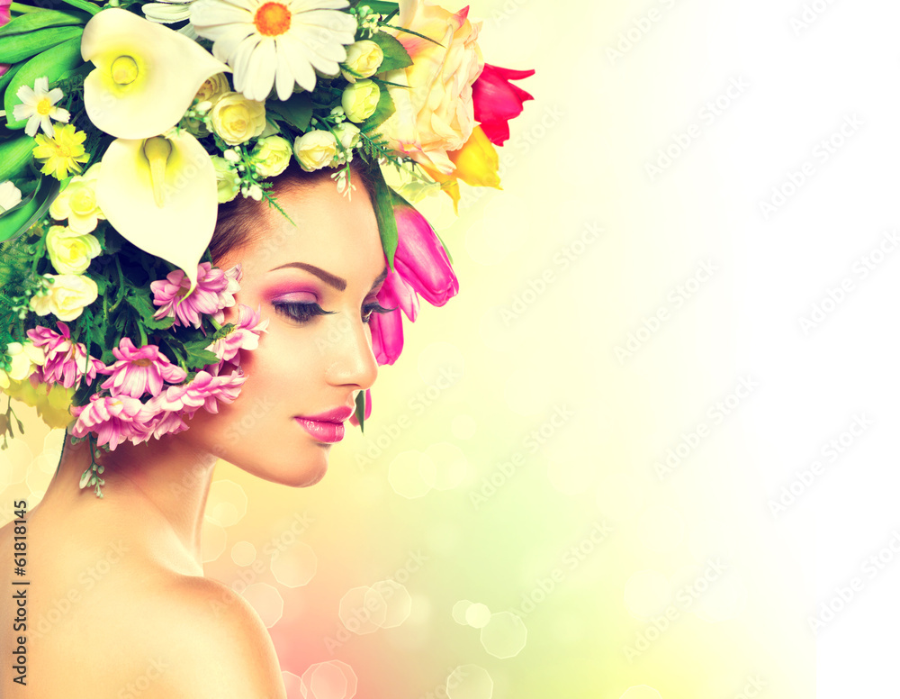 Beauty Spring Girl with Flowers Hair Style - obrazy, fototapety, plakaty 