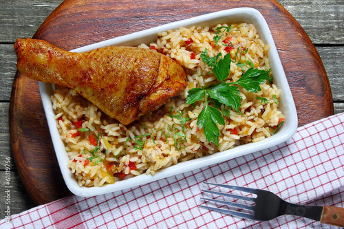 Fried chicken leg with rice