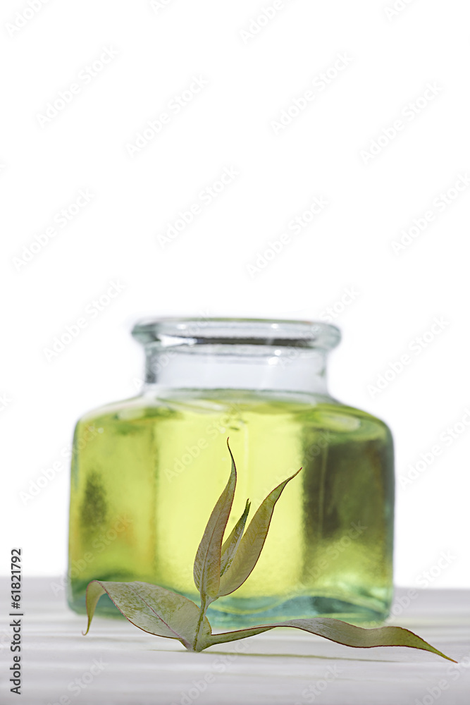 Eucalyptus oil and eucalyptus leaves with bottle in background Eucalyptus oil and eucalyptus leaves with bottle in background