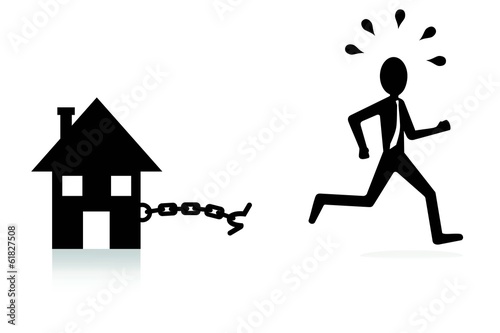 house mortgage concept, man breaking chains and escaping
