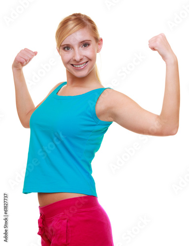 Sport woman fitness girl showing muscles. Power. Isolated.