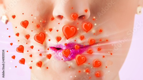 Pretty lady lips with lovely red hearts