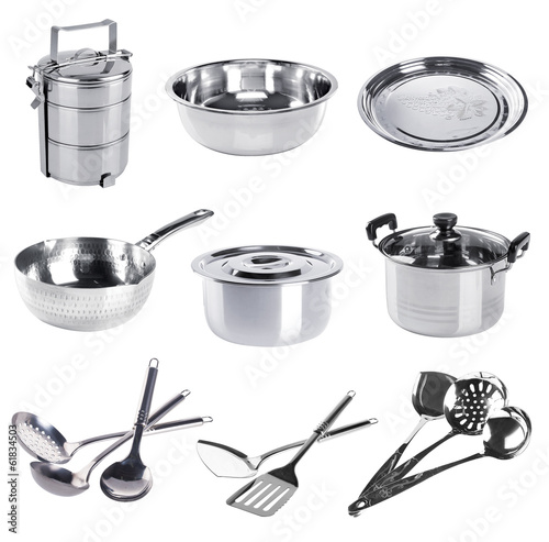 stainless steel kitchenware collection on a background