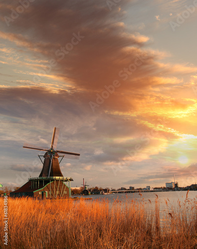 Traditional Dutch windmills with canal near the Amsterdam, Holla