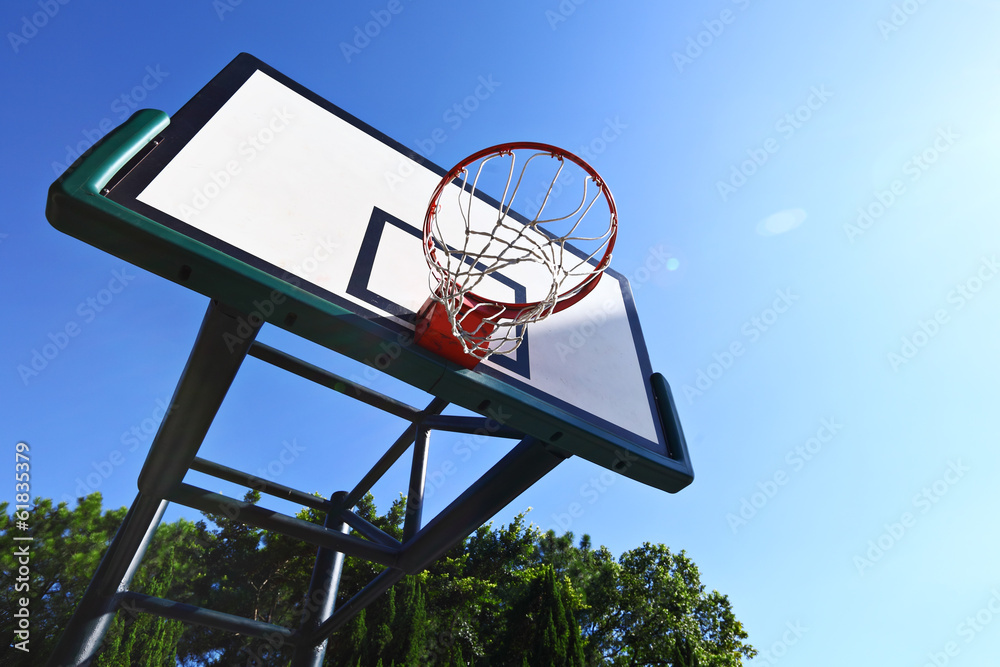 Basketball hoop with clear blue sky