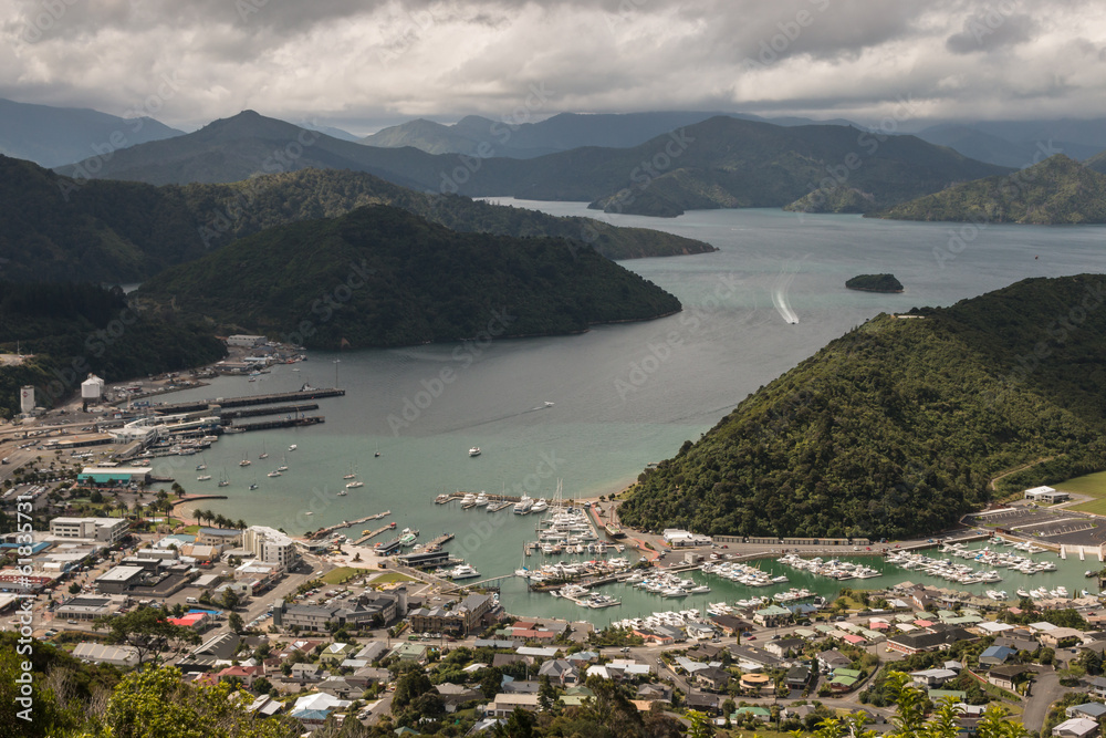 aerial view of Picton, New Zealand