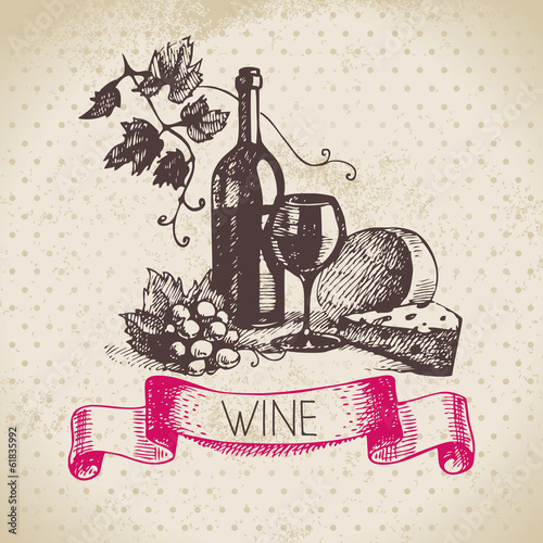 Wine vintage background. Hand drawn sketch illustration