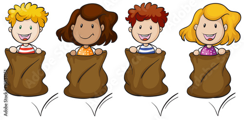 Four kids jumping inside the sack