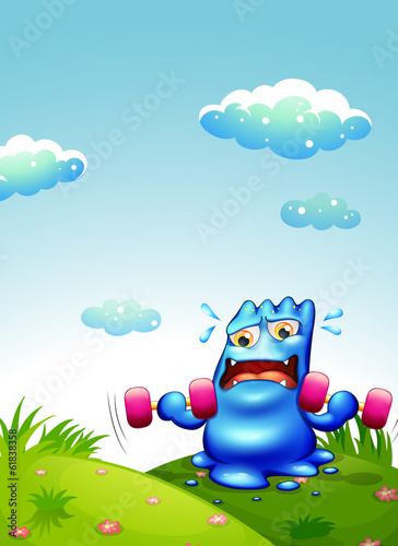 A blue monster exercising at the hilltop