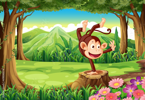 A playful monkey above the stump near the trees