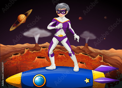 A superhero standing above the rocket