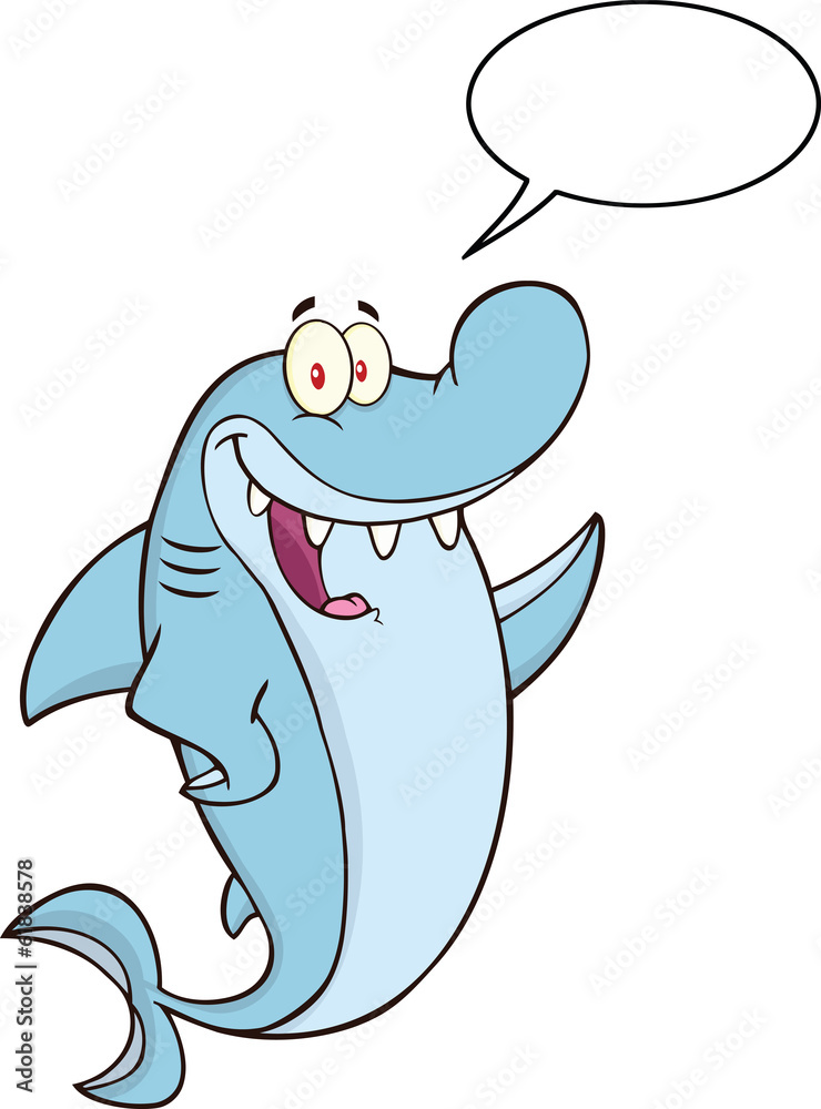 Naklejka premium Happy Shark Cartoon Character Waving With Speech Bubble