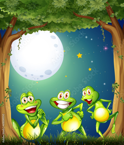 Three playful frogs playing at the woods