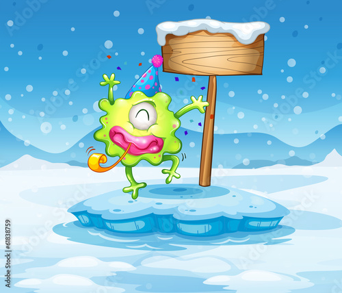An iceberg with a happy monster near the empty signboard